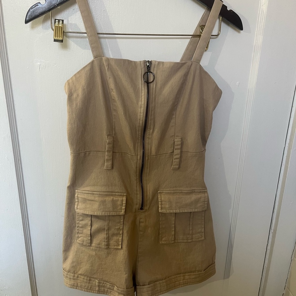 Tan Zip-Front Romper